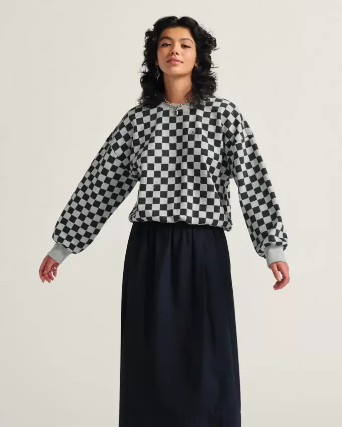 Sudadera retro con cuello redondo y estampado de cuadros