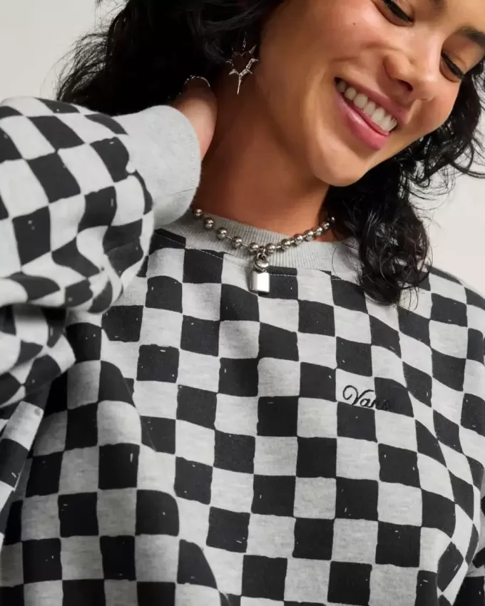 Sudadera retro con cuello redondo y estampado de cuadros
